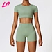 Get seamless comfort and style with our crop top and shorts set. Made with high-quality and stretchy fabric, our crop top and shorts set offers a comfortable and flattering fit.
